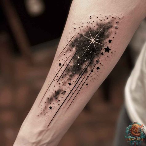 Shooting Star Tattoos: Capturing the Magic of the Night Sky: 94 Designs - inktat2.com Star Flare Tattoo, Starry Night Tattoos, Night Sky Sleeve Tattoo, Black And White Galaxy Tattoo, Written In The Stars Tattoo, Constalation Stars Tatoos, Reach For The Stars Tattoo, Space Stars Tattoo, Milky Way Galaxy Tattoo