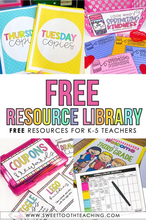 Text reads: Free Resource Library Free Resources for K-5 Teachers with four images surrounding text Organisation, 2nd Grade Freebies, Teacher Of The Week Ideas, Teacher Grading Organization, Free Resources For Teachers, Teacher Labels Printables Free, Get Your Teach On, Elementary Teacher Tips, 1st Grade Teaching Ideas