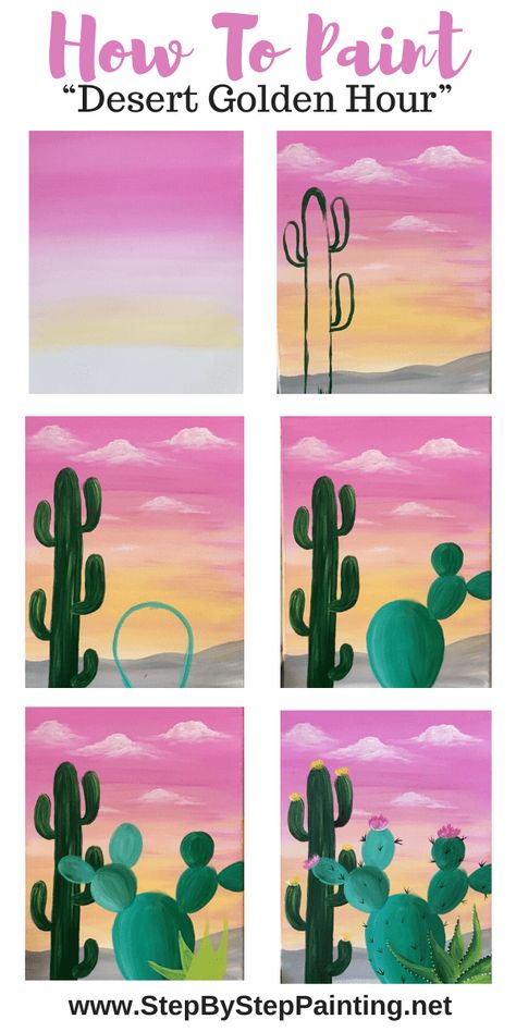 Foreground Art, Cactus Painting, Easy Canvas Art, Simple Canvas Paintings, Canvas Painting Tutorials, Cute Canvas Paintings, Desert Painting, Seni Cat Air, Desert Sunset