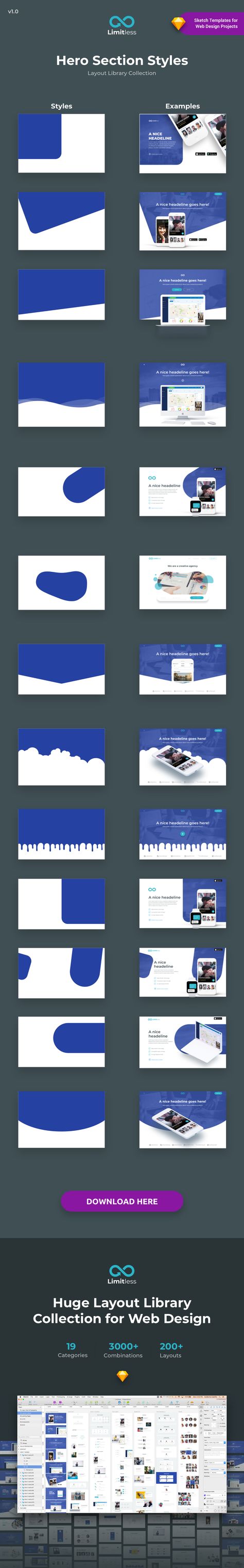 Limitless is a Huge Layout Collection and UI Kit Library for Web Design Projects that contains a great number of components that fit together perfectly for Sketch App. This library consists of 200+ ready-to-use layout sections divided into 19 popular content categories. Include layouts on: Testimonials, Ecommerce, Blog, Slider, Portfolio, Header, Price Table, Features, Benefits, How it works, Footer, FAQ, News, Metrics and Contact. Web And App Design, Content Categories, Design De Configuration, Rollup Design, Desain Ux, Price Table, Mise En Page Web, 보고서 디자인, Web Design Websites