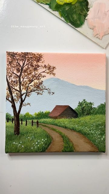 Simple Paintings Tutorials, Easy Paintings Cute Canvas Ideas, Canvas Paintings Easy Simple, Painting Ideas On Canvas Easy Cute, Painting Idea Landscape, Painting Beginners Ideas, Landscape For Drawing, Painting Of Landscape Nature, Painting On Medium Canvas