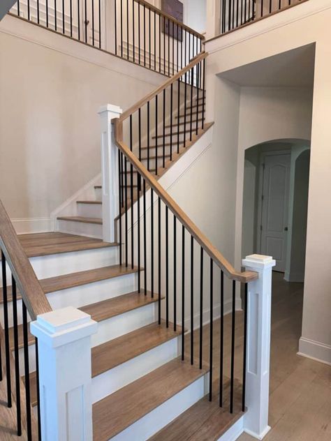 Our actual staircase renovation process, costs, timeline, and lessons learned. Plus, everything to know before you renovate your stairs. Stair Railing Remodel Diy, Transitional Stairs Design, Updates Stair Railing, Light Wood Banister, Update 90s Staircase, Coastal Farmhouse Stair Railing, Updated Stairs Railing, Upgrading Stair Railing, Stairway Redo Ideas