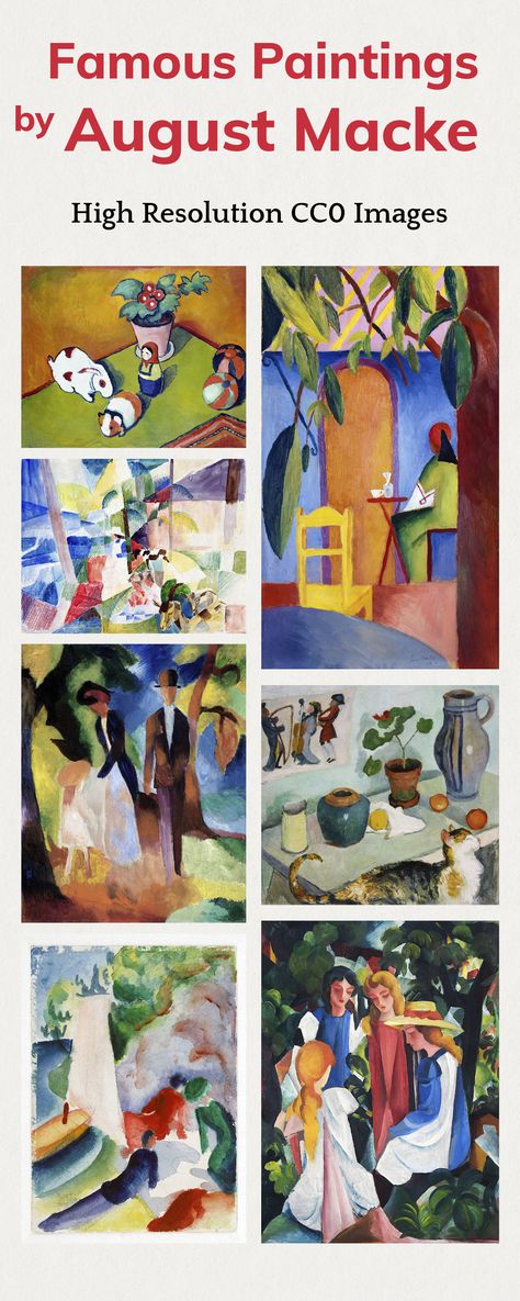 August Macke (1887–1914) was one of the leading members of the famous German Expressionist group Der Blaue Reiter along with Wassily Kandinsky. His works utilized a combination of simplified forms and abstract patchwork colors to create vibrant portraits, landscape, still life, and animal paintings. August Macke Paintings, Cat Still Life, Gabriele Munter, Expressionist Portraits, Abstract Patchwork, August Macke, Expressionist Painting, Wassily Kandinsky, Art File