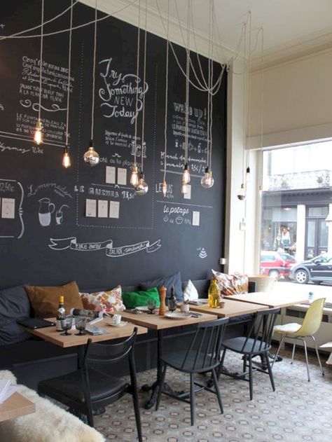 15 Café Shop Interior Design Ideas To Lure Customers 15 Kaffe Bar, Feature Lights, Blackboard Paint, Café Design, Coffee Shop Interior Design, Chalk Wall, Coffee Shops Interior, Coffee Shop Decor, 카페 인테리어 디자인