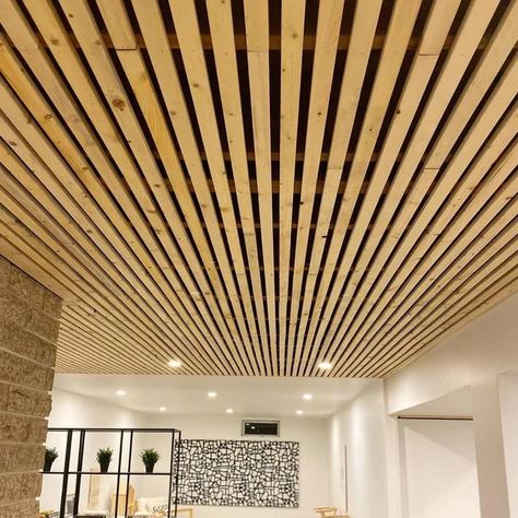 Exposed Basement Ceiling, Wood Slat Ceiling, Basement Ceiling Ideas, Basement Decoration, Wood Plank Ceiling, Basement Guest Rooms, Dream Basement, Basement Lighting, Basement Remodel Diy