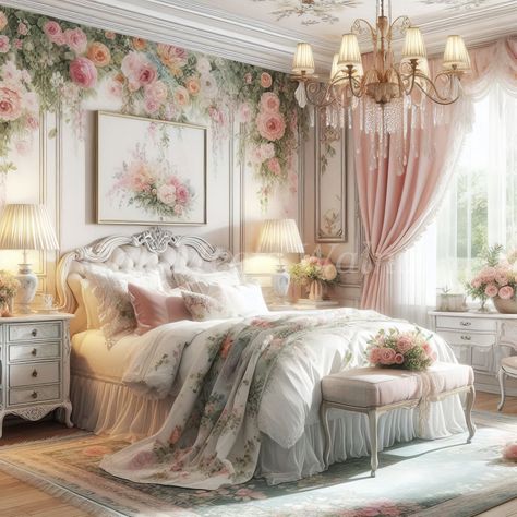 Romantic Bedrooms, Rose Themed Room, Romantic Shabby Chic Bedroom, Princess Aesthetic Room, Bedroom Clipart, Shabby Chic Romantic Bedroom, Storybook Nursery, Bedroom Illustration, Shabby Chic Interior Design