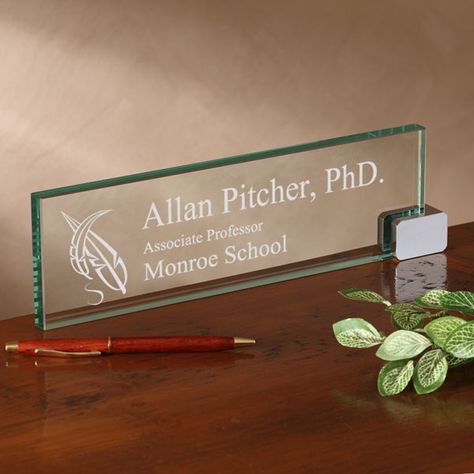 Personalized Glass Nameplate - Academic Design Personalized Desk Name Plate, Office Desk Name Plates, Desk Plates, Name Plate Design, Vice Principals, Personalized Desk, Indie Room Decor, Glass Desk, Desk Name Plates