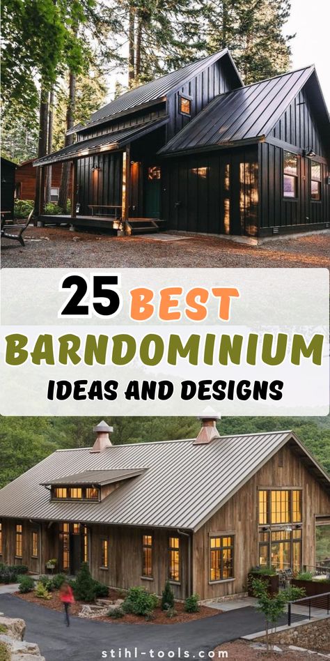 Explore our collection of 25 Small Barndominium Ideas, where barn dominium houses meet affordability. Each plan features a blend of rustic charm and modern design, perfect for those seeking a unique yet budget-friendly home. Discover the steps to build your dream house with our guide. Building Designs Exterior, Barndominium Landscape Ideas, Tan Metal House, Small Barndo Kitchen Ideas, Shedominium Ideas, Floor Plans For Barndominium, Unique Home Builds, Cabin Barndominium Floor Plans, Barndominium Ideas Under 100k