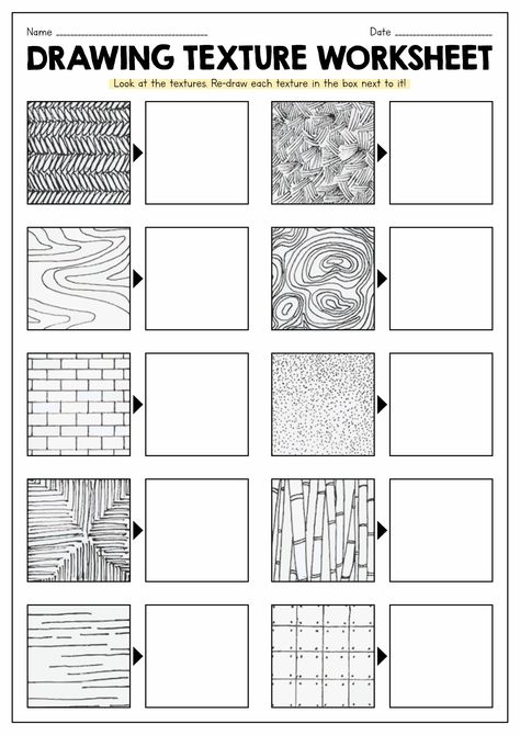 Texture Art Lessons For Grade 2, Texture Worksheet Art, Art And Craft Worksheet, Texture Elementary Art Lesson, Elements Of Art Texture Projects, Teaching Texture In Art, Drawing Class Ideas Teaching, Art Show Setup Ideas, Elements Of Art Worksheet Middle School