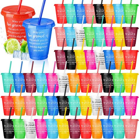 PRICES MAY VARY. Diverse Colors: these reusable plastic cups with lids and straws come in a whopping 12 glitter colors, with each package containing 60 cups; Each cup holds around 17 oz, ideal for various types of beverages such as juice, iced coffee, beer, and milk Inspirational Messages: quoted with warm, encouraging words, these employee appreciation cups go beyond their utility to deliver positivity and strength; Imprinting your gratitude and blessings, these cups serve as sweet, thoughtful Telecommunications Week, Teacher Appreciation Week Themes, Plastic Cups With Lids, Reusable Plastic Cups, Staff Appreciation Gifts, Staff Morale, Unique Teachers Gift, Cups With Lids, Appreciation Ideas