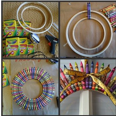 mags and lou: Crayon Wreath Crayon Wreaths, Teacher Crayon Wreath, Crayon Wreath, School Wreaths, Teacher Wreaths, Appreciation Gifts Diy, Crayon Crafts, Make A Wreath, Teacher Appreciation Gifts Diy