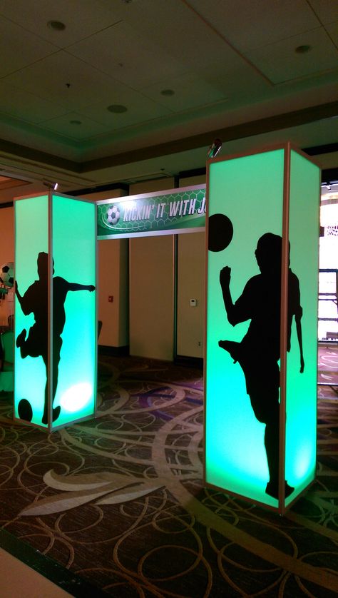 glow boxes with soccer silhouette party entrance | sports | The Prop Factory | Flickr Sport Event Decoration, Soccer Event Ideas, Glow Soccer Party, Sports Event Decor, Soccer Backdrop Ideas, Sports Event Decoration Ideas, Sport Decorations Ideas, Soccer Bar Mitzvah, Soccer Banquet Decorations