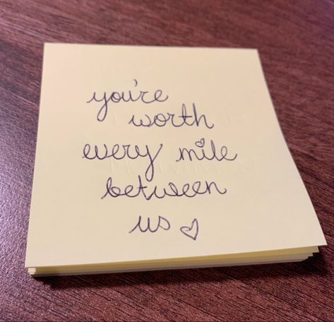 Yellow sticky note with long distance relationship quote 🤍 Love Note For Long Distance Boyfriend, Happy Journey Gifts For Boyfriend, Small Note To Boyfriend, Gifts With Notes Cute Ideas, Cute Message For Long Distance Boyfriend, Cute Notes From Boyfriend, Dear Boyfriend Letters Long Distance, Love Notes Long Distance, Letter Ideas For Long Distance Boyfriend