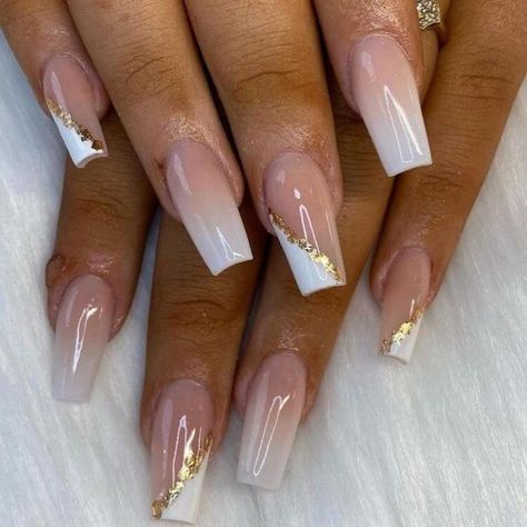 Nail Arts, White Tip Acrylic Nails, Gold Acrylic Nails, Gold Nail Designs, Classy Acrylic Nails, Acrylic Nails Coffin Pink, Acrylic Nails Coffin Short, Short Acrylic Nails Designs, Prom Nails