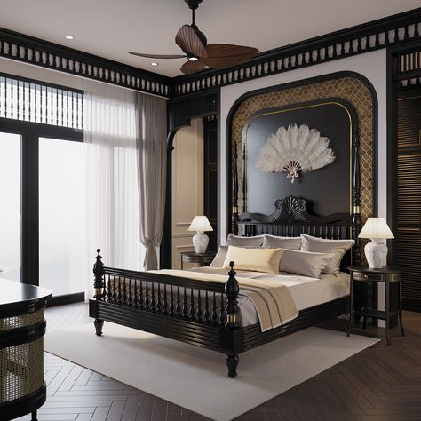 HAI DUONG VILLA - INDOCHINE STYLE :: Behance Classic Bedroom Design Luxury, Bedroom Chinese Style, Indochine Bedroom, Chinese Style Bedroom, Mexican Home Design, Hotel Room Design Plan, Indochine Interior, Chinese Style Interior, Classical Interior Design