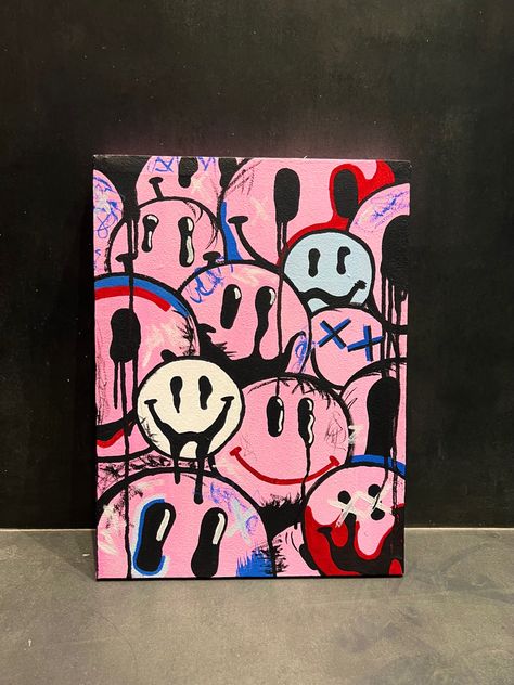Smiley Face Canvas Painting, Canvas Painting Trippy, Face Canvas Painting, Cool Canvas Art, Painting Trippy, Graffiti Canvas Art, Pink Canvas Art, Art Trippy, Trippy Drawings