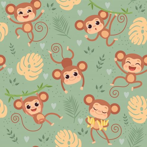 Monkey Illustration, Jungle Tree, Monkey And Banana, Monkey Wallpaper, Monkey Pattern, Monkey Print, Little Animals, Cute Monkey, Cartoon Background