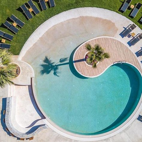 Swimming Pools Designs Ideas, Rectangle Beach Entry Pool, Circular Swimming Pool, Curved Swimming Pool, Circular Pool Design, Circle Pool Ideas, Pool Covering Ideas, Crazy Pool Designs, Residential Pool Design