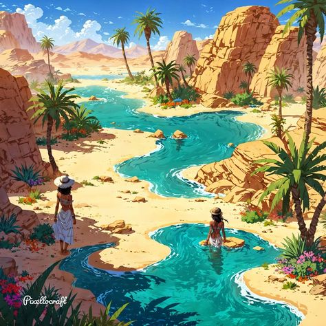 Escape to paradise 🌴✨ Two women enjoying the serene waters of a desert oasis, surrounded by stunning palm trees and vibrant cliffs. The perfect blend of nature's beauty and tranquility. 💦☁️ 🚫 Please do not repost without permission 🚫 #pixellocraft #aiart #digitalart #NatureLovers #DesertOasis #TravelInspo #Wanderlust #NaturePhotography #AIArt #AdventureAwaits #ScenicViews #ExploreTheWorld #TravelGoals Environmental Art, Nature, Desert Oasis, Arabian Nights, Travel Goals, Travel Inspo, Adventure Awaits, Scenic Views, Nature Beauty