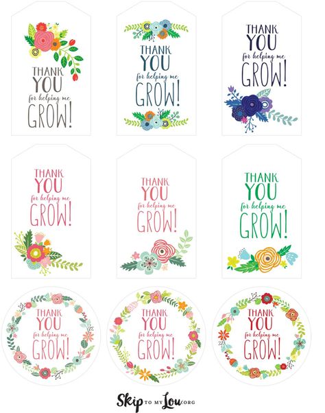 assorted floral thank you for helping me grow printable gift tags on one page Kaktus Dan Sukulen, Appreciation Gifts Diy, Teacher Appreciation Gifts Diy, Thank You Printable, Teacher Appreciation Printables, Teacher Gift Tags, Kids Rewards, Printable Gift Cards, Free Printable Tags