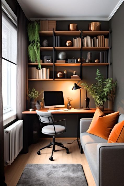 Co Office Workspaces, Hide Away Office Ideas, Grey And Brown Office Ideas, Creative Office Storage, Basement Home Office Ideas Masculine, Home Office Academia, Men’s Office Space, Half Nursery Half Office, Office Built Ins With Window