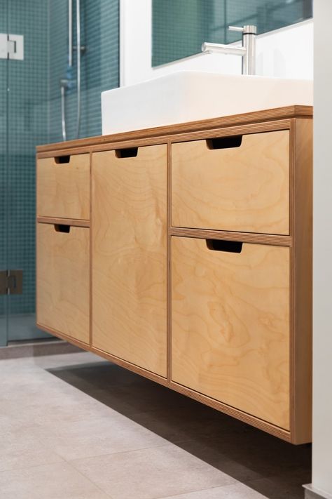 Large plywood vanity with lots of storage — MAKE Furniture | Plywood Kitchens Bathroom With Built In Vanity, Vanity With Lots Of Storage, Plywood Vanity, Ensuite Vanity, Minimalist Wood Furniture, Alcove Ideas Living Room, Large Bathroom Vanity, Bathroom Vanity Drawers, Built In Vanity