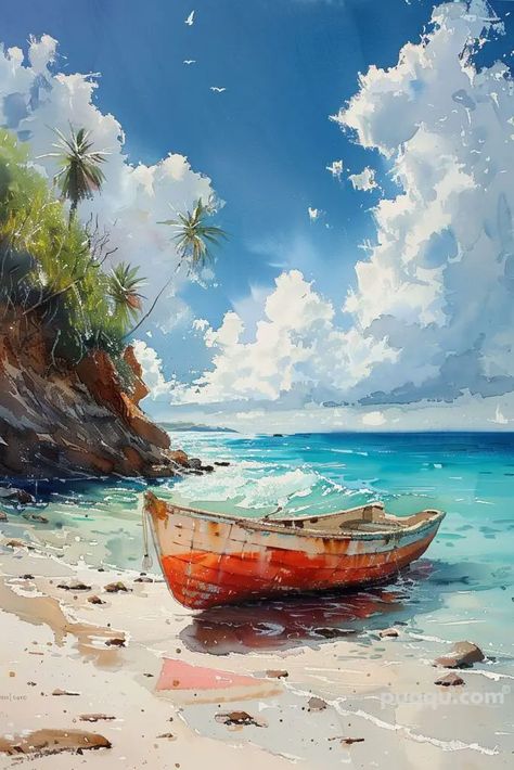 Watercolour Beach Painting, Painting Beach Ideas, Abstract Landscape Painting Watercolor, Watercolor Paintings Beach, Watercolor Nature Paintings, Nature Watercolor Paintings, Boats Watercolor, Landscape Paintings Watercolor, Watercolor Ship