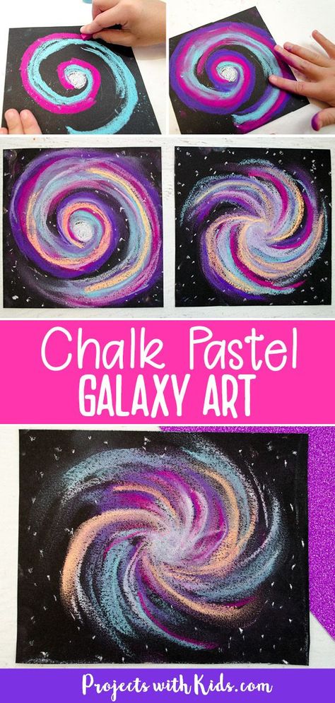 Galaxy art project using chalk pastels on black paper. School Age Activities, Chalk Pastel Art, Art Project For Kids, Chalk Pastel, Classroom Art Projects, Project For Kids, Aktivitas Montessori, Elementary Art Projects, Homeschool Art