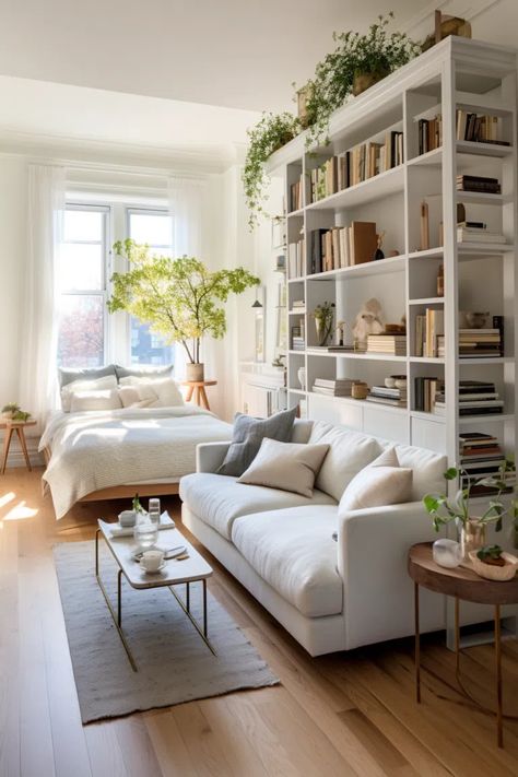 30+ Stylish Studio Apartment Decor Ideas Smart Studio Apartment Ideas, Transitional Studio Apartment, Colorful Studio Apartment Ideas, Studio Apartment With Plants, Nyc Home Decor, Small Room With Couch, Studio Suite Ideas, Studio Apartment Ideas Couple, Minimalistic Studio Apartment