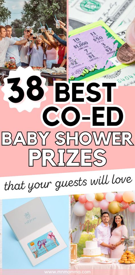38 best co-ed baby shower prizes with image of friends toasting, lottery ticket, gift card, and couple standing by a cake at baby shower Jordan Baby Shower, Gender Neutral Baby Shower Gifts, Baby Shower Fun, Baby Shower Parties, Baby Shower Activities, Baby Shower Woodland, Baby Shower Diapers, Gender Neutral Baby Shower Prizes, Coed Baby Shower