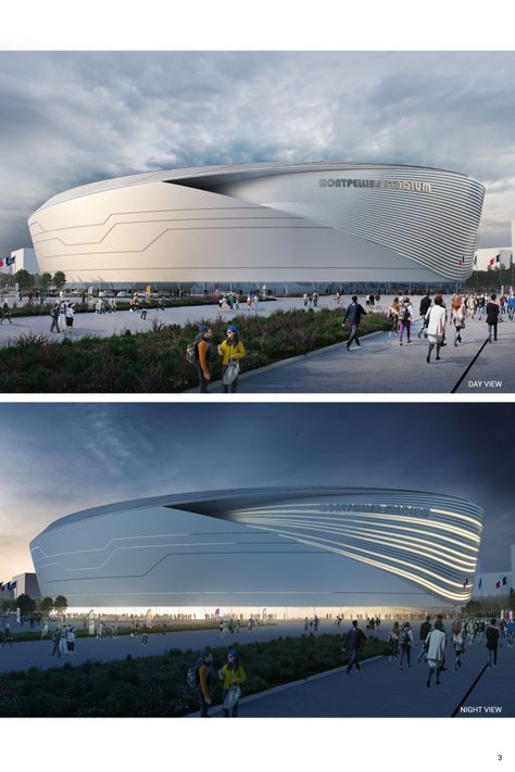 Montpellier Stadium | Concept Architecture Project Stadium Architecture, Sport Stadium Architecture, Futuristic Stadium, Stadiums Architecture, Stadium Facade, Urban Design Project, Architecture Photography Buildings, Landscape Architecture Diagram, International Games