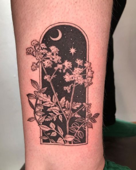 Night Related Tattoos, Small Blackout Tattoo Coverup, All Black Cover Up Tattoo, Rain Tattoo Sleeve, Pretty Cover Up Tattoos, Mountain Night Sky Tattoo, Back Of Arm Tattoo Cover Up, Night Garden Tattoo, Night Scene Tattoo