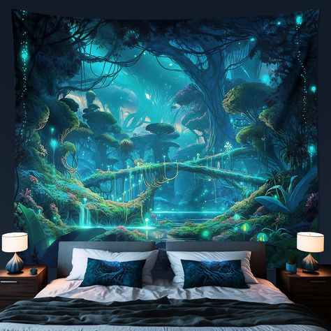 Avatar The Way Of Water Bedroom, Fantasy Forest Bedroom, Avatar Themed Bedroom, Water Themed Bedroom, Avatar Bedroom Ideas, Avatar Inspired Room, Bioluminescence Art, Avatar Themed Room, Forest Bedroom Kids