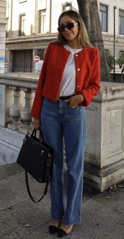 European Blazer Outfit, Red Cardigan Work Outfit, Chanel Broach Outfits, Red Causal Outfits, Red Boucle Jacket Outfit, Casual Law School Outfit, Fun Office Wear, Winter 24/25 Fashion, September Paris Outfits