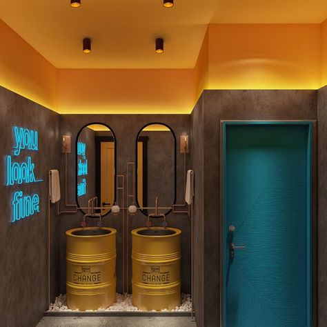 CHANGE Burger & fries (2) - Muscat/OMAN on Behance Burger Bar Design Interiors, Burger Shop Design Interiors, Burger Store Interior, Wc Design Restaurant, Toilet Restaurant Design, Bar Restroom Design, Small Bar Interior Design Pub, Aesthetic Bathroom Restaurant, Toilet Design Restaurant