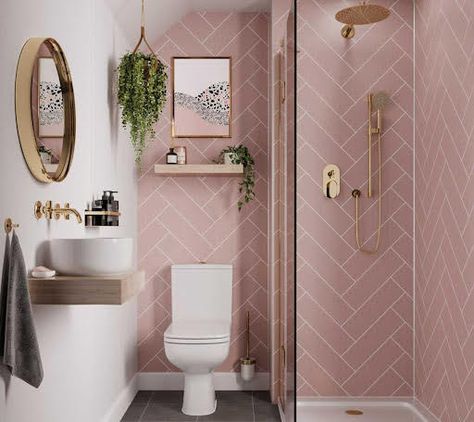 Herringbone Bathroom Wall, Herringbone Bathroom, Pink Tile Bathroom, Pink Bathroom Tiles, Girly Bathroom, Bathroom Paneling, Herringbone Wall, Small Bathroom Interior, Bathroom Wall Panels