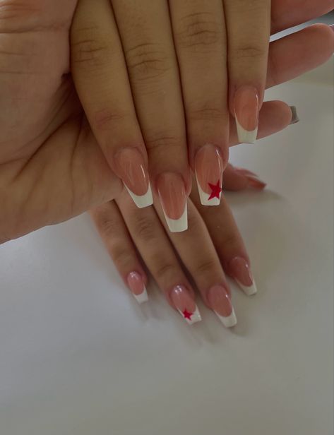 White French Tip Nails With Star Design, Nails Star French Tip, French Tip Acrylic Nails Coffin Design, Black French Tip Nails With Gems Rhinestones, Nail Inspo For New York, Cool White French Tip Nails, French Tips White With Design, French Nails With Star Design, White French Tips With Red Design