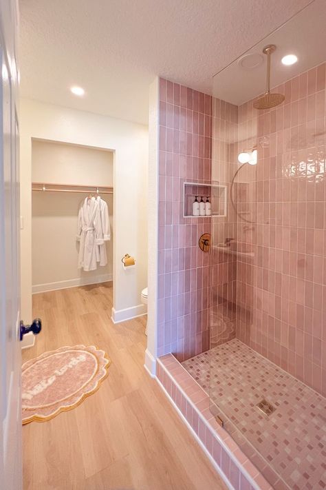 Colorful Bathroom Tile Ideas, Pink Airbnb, Pink Bathrooms, Bedroom Furniture Set, Barbie Inspired, Primary Bathroom, Pink Tiles, Malibu Barbie, Perfect Bedroom
