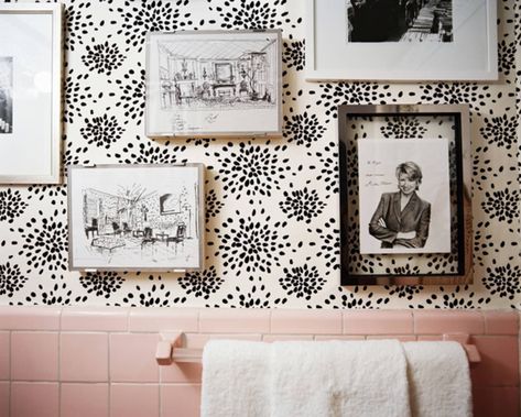 Retro Bathroom Ideas, Pink Tile Bathroom, Pink Bathroom Tiles, Retro Pink Bathroom, Fireworks Wallpaper, Vintage Pink Bathroom, Bold Tile, Pink Tile, Albert Hadley