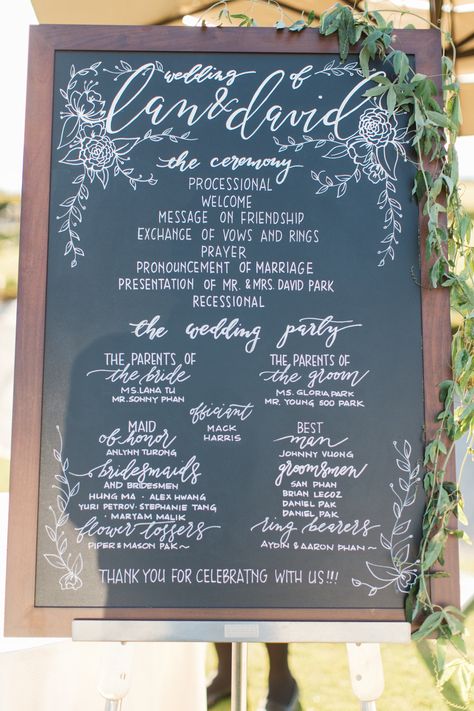 Wedding Party Chalkboard Sign, Wedding Signs For Reception Chalkboard, Wedding Party Program Ideas, Wedding Program Chalkboard Sign, Bridal Party Sign Wedding, Wedding Party Sign Ceremony, Wedding Program Signs, Ceremony Program Sign, Handwritten Wedding Signs