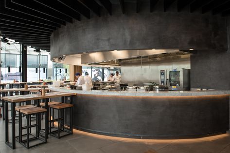 Polished Plaster effect, created with Clayworks Clay Plasters on curved bar at Wagamama, Glasgow. Curved Bar Design, Brewery Interior, Concrete Bar, Restaurant Design Inspiration, Clay Plaster, Polished Plaster, Japanese Interior Design, Curved Bar, Natural Clay