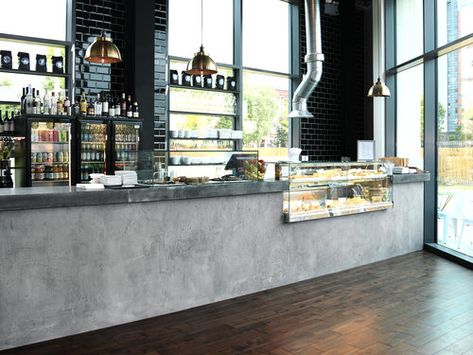 Lime Concrete Bar #plaster Italian Plaster, Cafe Bar Interior, Coffee Shop Counter, Concrete Bar, Wood Cafe, Bar Counter Design, Cafe Counter, Industrial Cafe, Bakery Design Interior