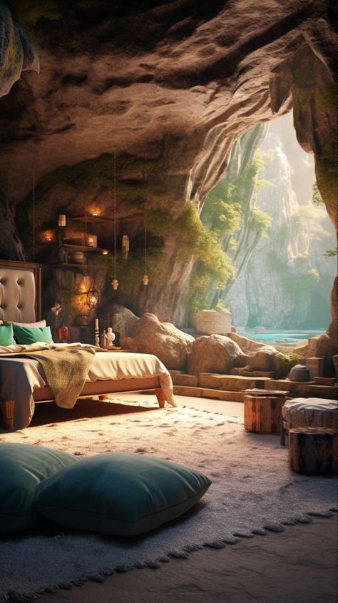 Fantasy Cave Home Concept Art, Cave Room Fantasy Art, Fantasy Aesthetic Home Decor, Cave Aesthetic Room, Cave Themed Room, Cave Bedroom Aesthetic, Cave Room Aesthetic, Cave Home Aesthetic, Cave House Aesthetic