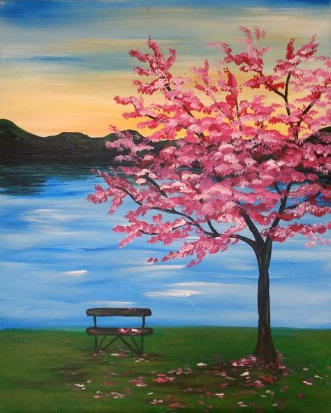 Wine & painting cherry blossoms at Pinot’s Palette Easy Nature Paintings, Tree Painting Easy, Kraf Kertas, Easy Landscape Paintings, Cherry Blossom Painting, Acrylic Painting Ideas, Painting Ideas For Beginners, Siluete Umane, Lake Painting