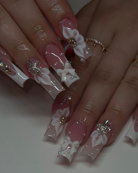 One of my favs🩷💗 •DM to Book Follow @_nailsbyanahy for more🩷 • • • • • #nailsnailsnails #fyp #famousnails #prettynails #bombnails… | Instagram Pretty Nails Medium Length, Nail Inspo Acrylic Flowers, French Tip Styles Nail Art, Cute Nail Designs Long Nails, Medium Nails Ideas Art Designs, Medium Length Nail Inspo Acrylic, Medium Nails With Gems, Coquette Square Nails, Cute Asian Nail Designs