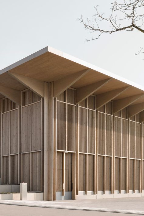 Wooden Construction Architecture, Brick Wood Facade, Bris Soleil Architecture, Wood Wall Exterior, Wood Construction Architecture, Wood Details Architecture, Brutalist Facade, Wood Structure Architecture, Wood And Concrete Architecture