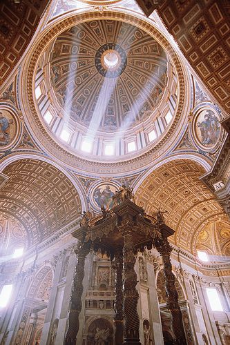 Light Beams shoot through the Windows in the Dome at St. Peter's Basilica. Rome Italy, Vatican City, St Peter's Basilica, St Peters Basilica, Cathedral Church, St Peter, Gothic Architecture, Place Of Worship, Historical Sites