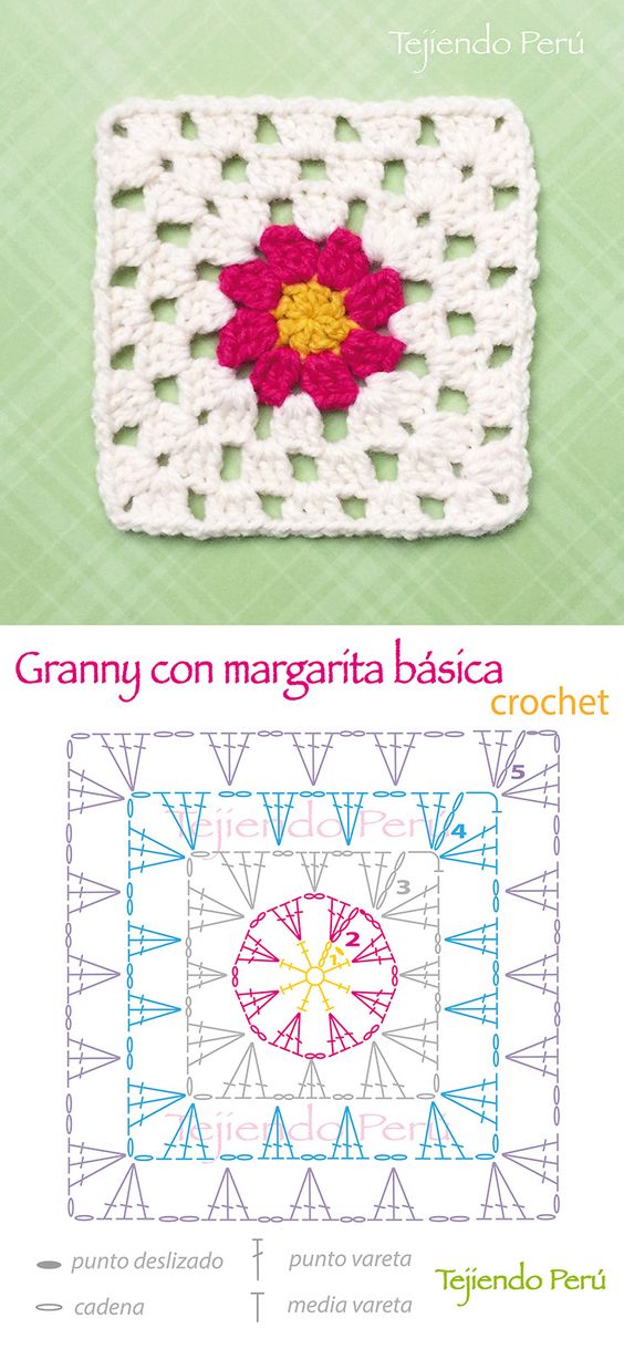 Crochet: diagrama de un lindo granny o cuadrado con un flor de margarita bÃ¡sica en el centro! En el enlace pueden ver el video del granny bÃ¡sico para que tengan una idea de cÃ³mo tejer a partir de la hilera 3!