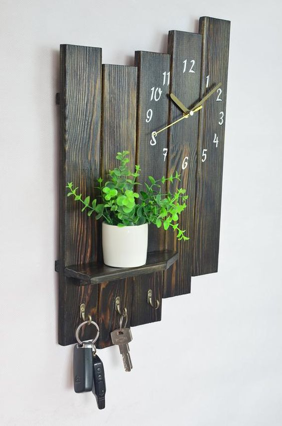 Industrial wall clock Rustic shelf Hanging Planter Wooden | Etsy