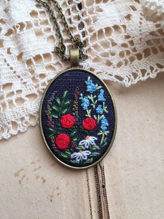 Embroidered pendant, wild flowers, garden necklace, Night meadow, Gift for her, Vintage, Antique, Ne